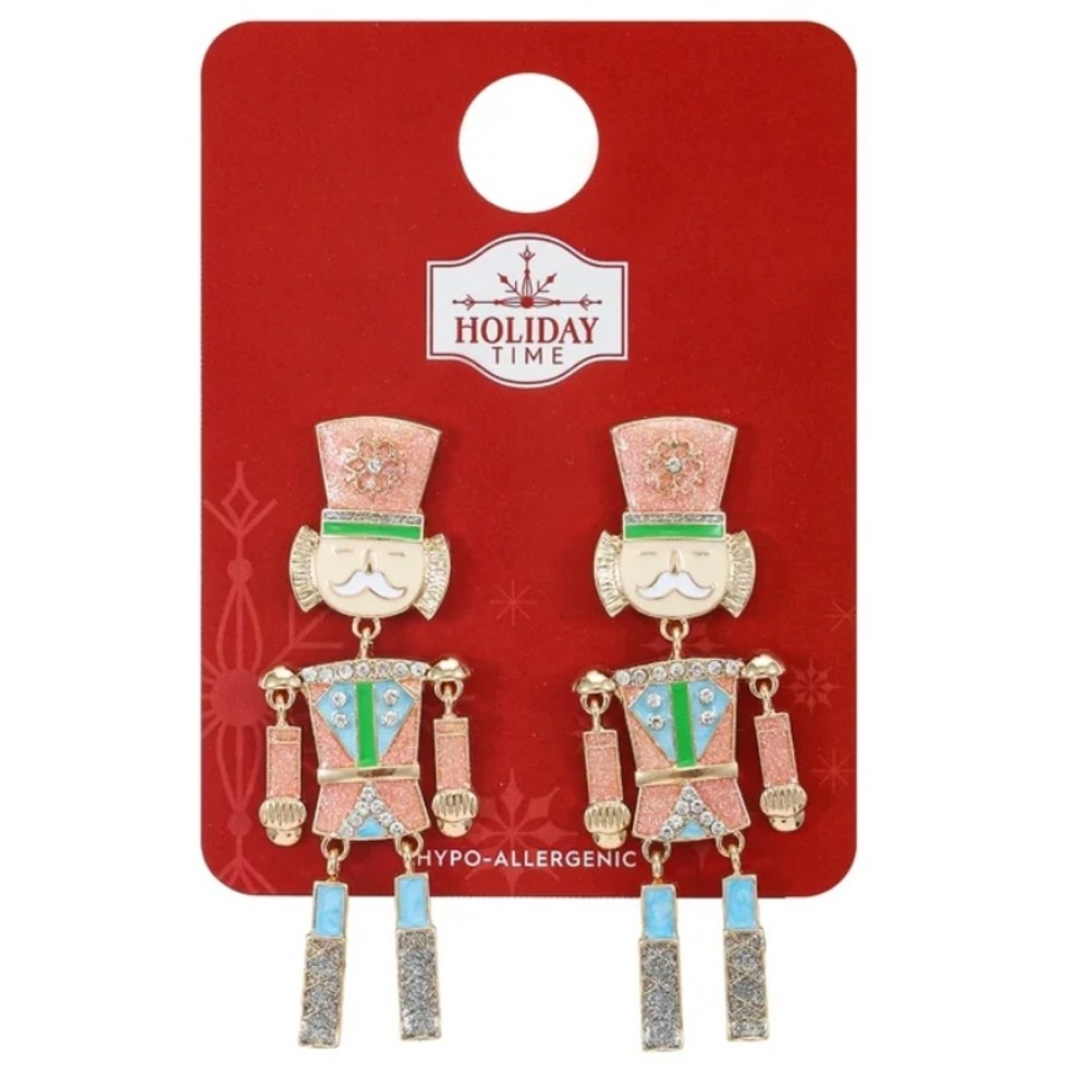 New Holiday Time Goldtone Pastel Nutcracker Drop Earrings